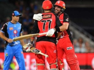 Dan Christian and Mohammad Nabi celebrating their victory over Adelaide Strikers