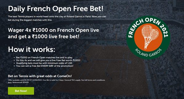 Daily ₹1,000 FREE Bets During French Open 2021