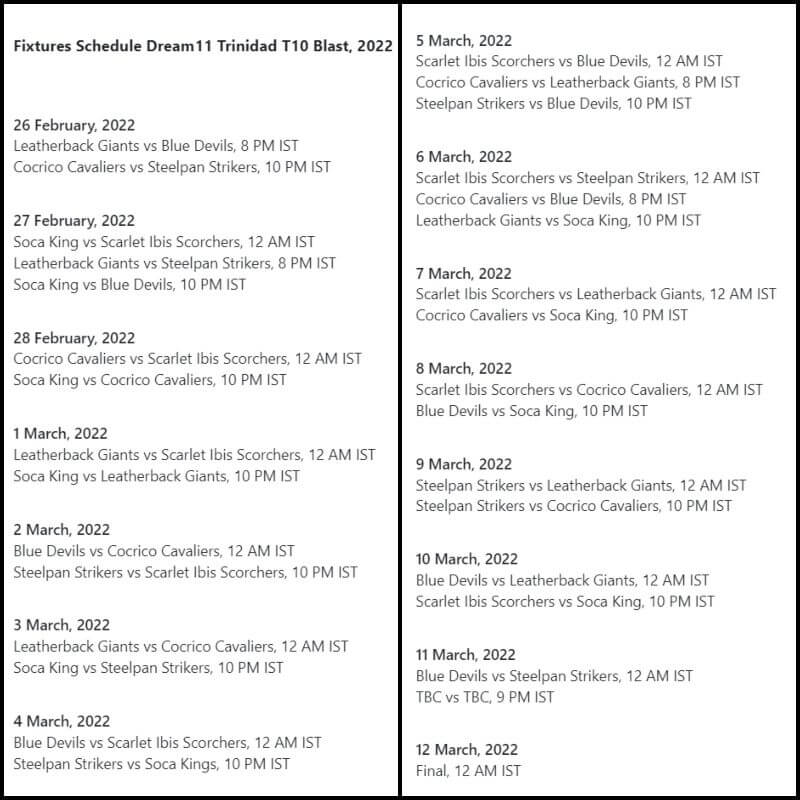 Trinidad T10 2022 Schedule