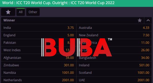 T20 World Cup 2022 - Outright Winner Betting on Buba Games