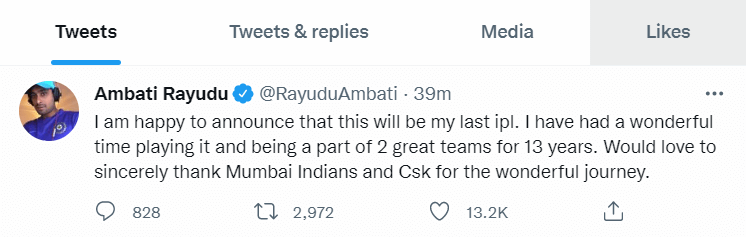 Tweet pensiun Ambati Rayudu IPL