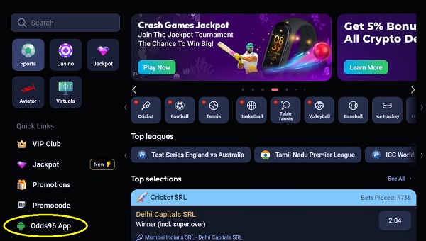 Odds96 apk app download process