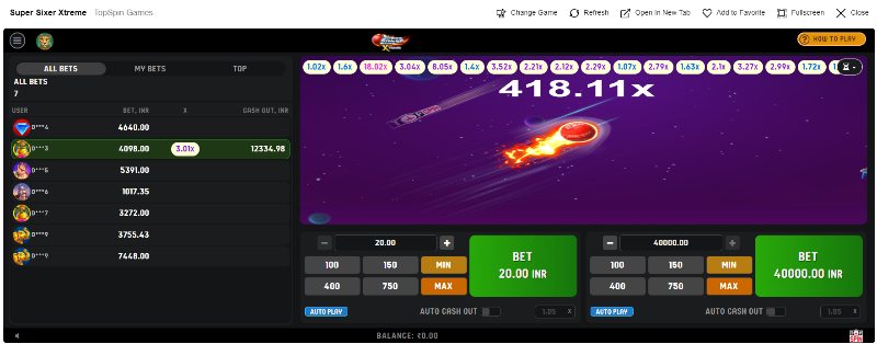 418x multiplier in Super Sixer Xtreme casino game on Rajabets