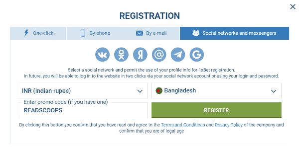 1xBet Bangladesh registration options