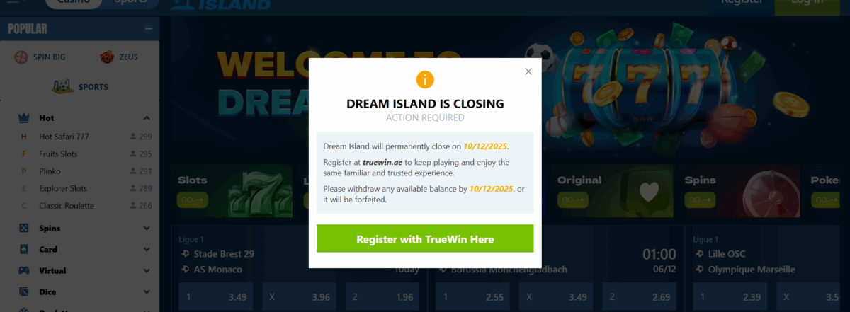 Dream Island website message